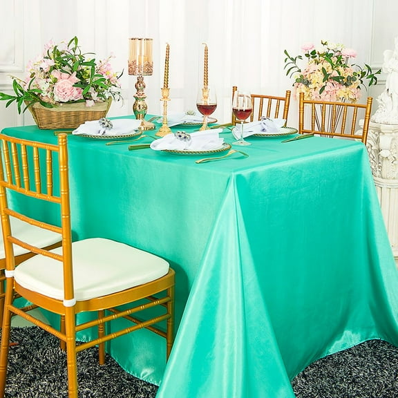 Wedding Linens Inc. 90" x 132" Satin Seamless Rectangular Table Cover Linen Tablecloth - Aqua Blue