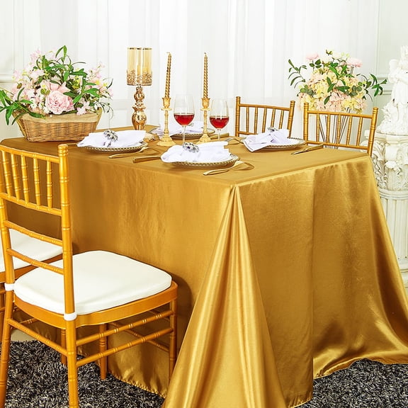 Wedding Linens Inc. 90" x 132" Satin Seamless Rectangular Table Cover Linen Tablecloth - Gold
