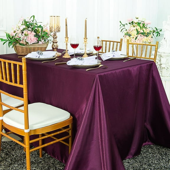 Wedding Linens Inc. 90" x 132" Satin Seamless Rectangular Table Cover Linen Tablecloth - Plum