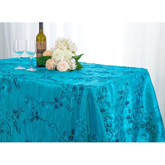 Wedding Linens Inc. 90" x 156'' Rectangular Ribbon Taffeta Tablecloth for Wedding, Luxury Events, Party use - Turquoise