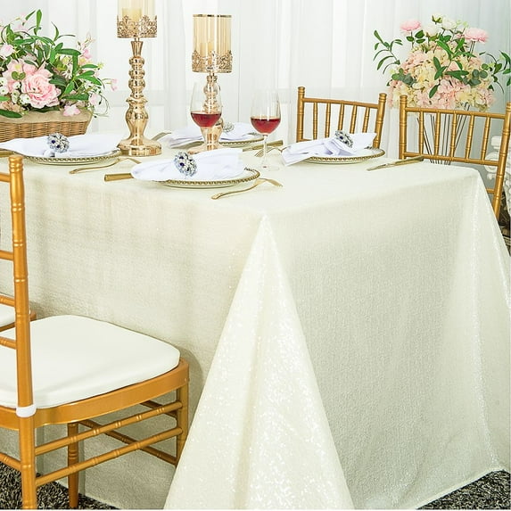 Wedding Linens Inc. 90'' x 156" Rectangular Sequin Taffeta Tablecloth - Ivory