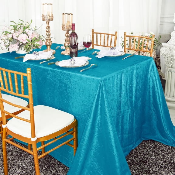 Wedding Linens Inc. 90"x156" Rectangular Seamless Crushed Crinkle Taffeta Crinkle Tablecloth - Turquoise