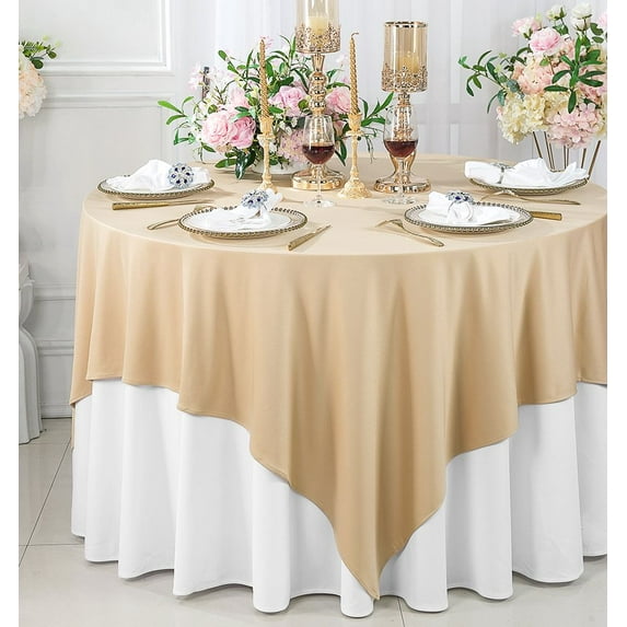 Wedding Linens Inc. Wholesale Scuba Wrinkle Free 72" x 72" Square Table Overlay Topper - Champagne