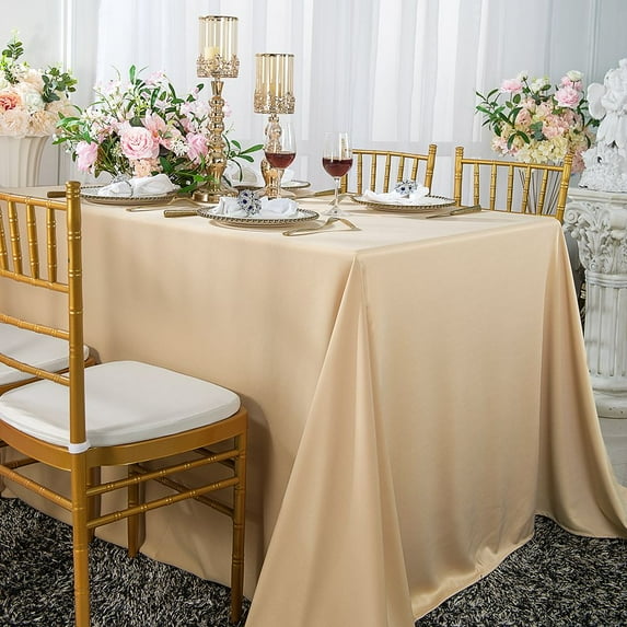 Wedding Linens Inc. Wholesale Scuba Wrinkle Free 90" x 132" Rectangular Table Cover Tablecloth - Champagne