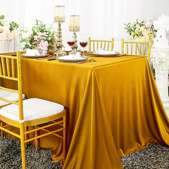 Wedding Linens Inc. Wholesale Scuba Wrinkle Free 90" x 132" Rectangular Table Cover Tablecloth - Gold