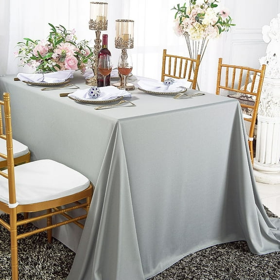 Wedding Linens Inc. Wholesale Scuba Wrinkle Free 90" x 132" Rectangular Table Cover Tablecloth - Silver