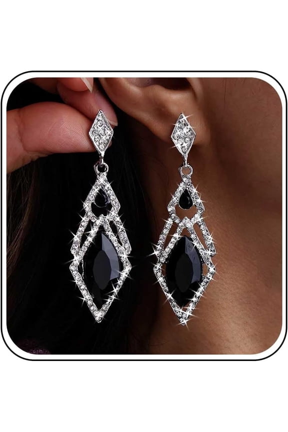 Wedding Long Black Rhinestones Earrings Silver Onyx Crystal Dangle Earrings Stud Cz Bridal