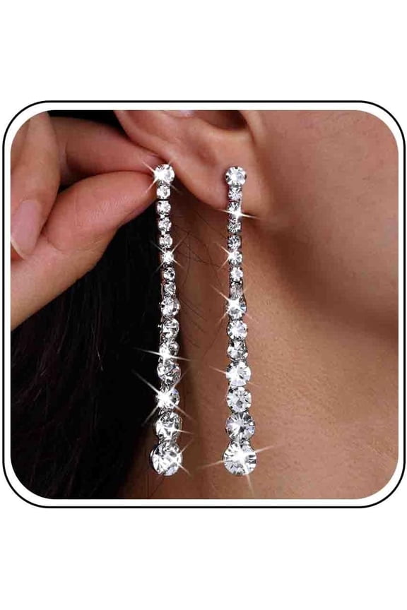 Wedding Long Rhinestone Earrings Silver Crystal Dangle Earring Diamond Cubic Zirconia Bridal Drop Sparkly Tassel Cz Brides Stud Shiny Statement Formal Bridesmaid Party Prom Jewelry Women[j9531]
