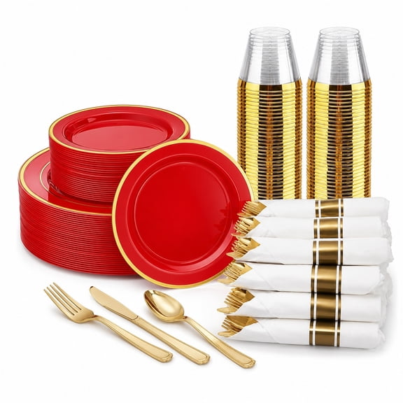 Wedding/Memorial Day/4th of July: Red Plastic Plates with Gold Rim 10 Dinner, 7 Dessert,9 oz Gold Cups, Pre-Rolled Napkins Durable, Festive, Coordinated Set