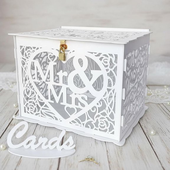 Wedding Money Box Holder with Sign, Rustic Wood DIY Envelope Gift Card Shadow Box with Lock Slot for Reception Anniversary Graduation Birthday Party