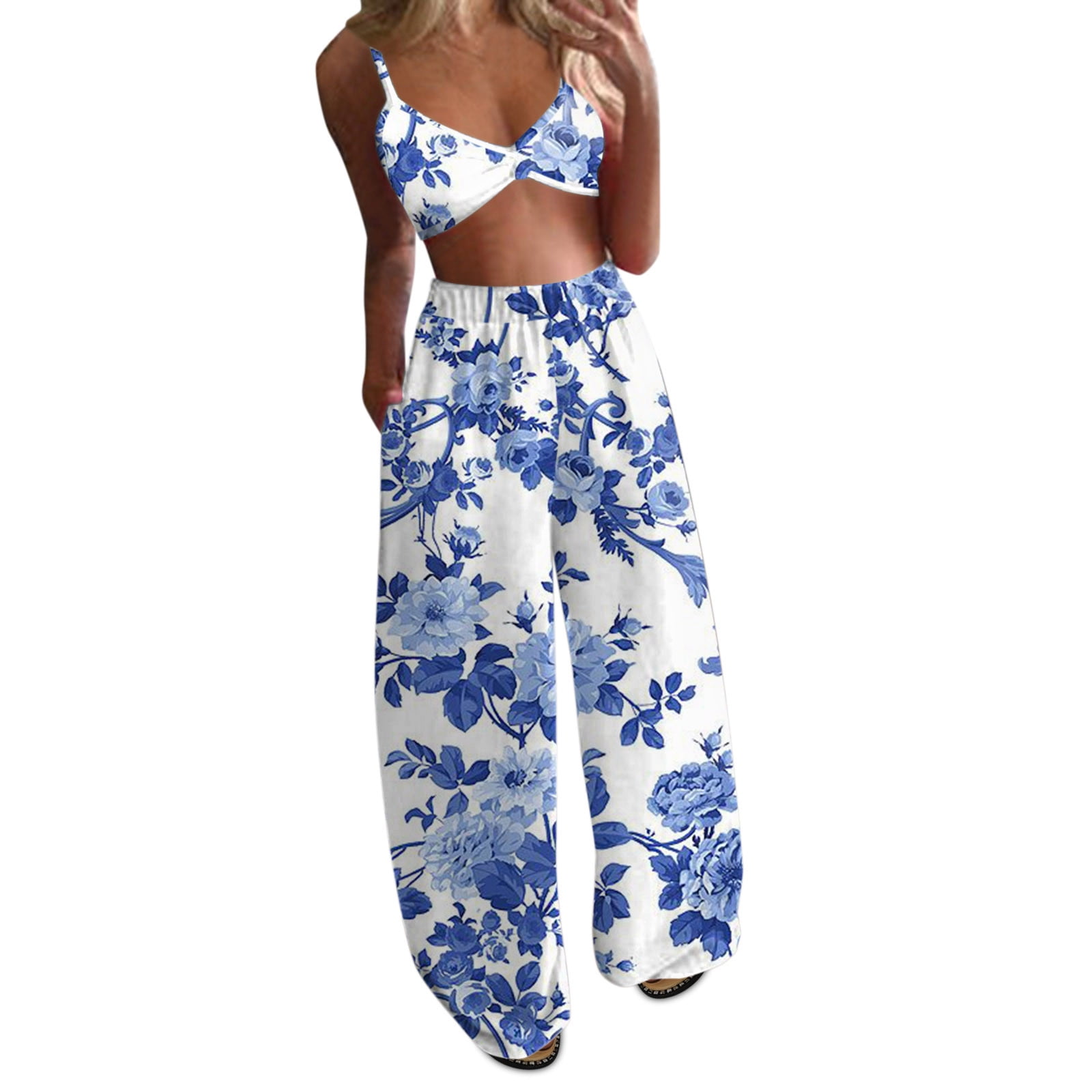 Wedding Pant Suits Petite Women 2 Pieces Set Wide Leg Pants Sets Boho Printing Crop Top And
