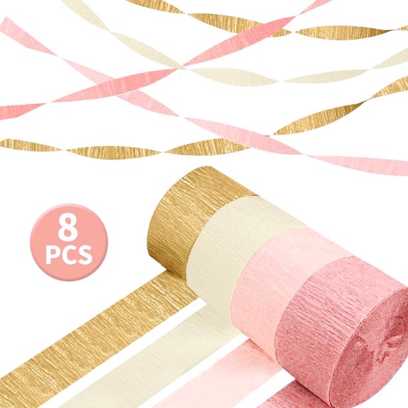 Wedding Party Decorations Pink Gold Crepe Paper Streamers Wedding, Birthday, Bridal Shower Party Backdrop Decorations 8 Rolls,Total 656 ft