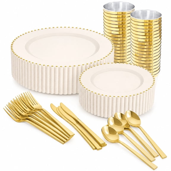 Wedding/Party/Valentine's Day ivory and gold dinnerware set: heavy duty ivory plastic plates with gold beads, disposable plates with plastic silverware and 10oz cups