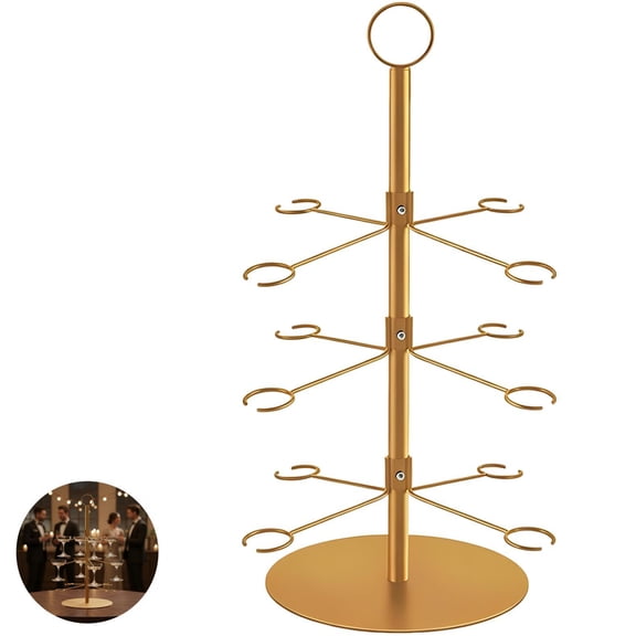 Cocktail Tree Stand, 21.6 in Gold Tone Iron Bar Glass Holder Rack with 12 Branches and Round Base, Stemware Display Wine Glass Rack for Party Buffet Wedding Home Bar