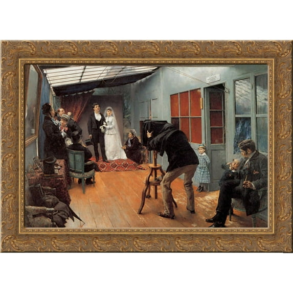Wedding Party at the Photographer's Studio 24x19 Gold Ornate Wood Framed Canvas Art by Bouveret, Pascal Adophe Jean Dagnan