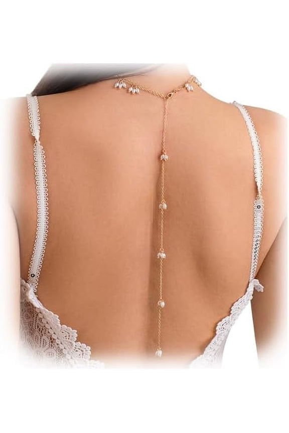 Wedding Pearl Back Chain Necklace Bridal Back Chain Jewelry Metal Bead Tassel Backdrop Necklace Long Pearl Back Necklace Backless Dress for Women[l0297]