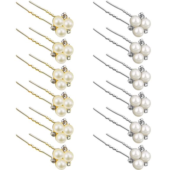 Wedding Pearl Hair Pins, 12 Pieces Bridal Hair Accessories Pearl Crystal Rhinestone Bridal Hair Pins, U Shaped Wedding Hair Pieces Set for Bride Bridesmaid Women Girls (6Pcs Gold + 6Pcs Silver)
