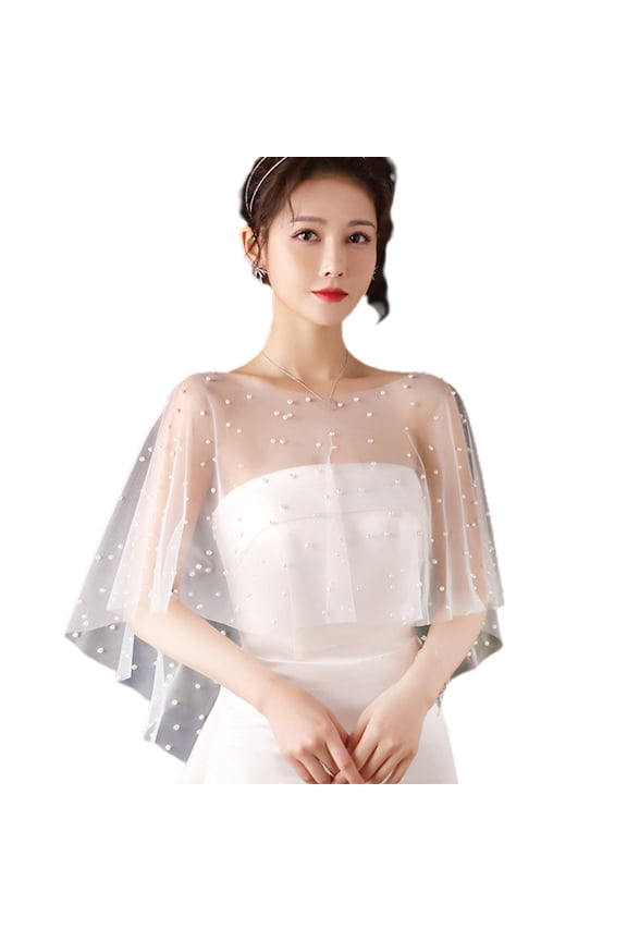 Womens Faux Pearls Beading Shawl Wrap Shrug Bridal Soft Sheer Tulle Capelet Wedding Dress Shawl Pullover Coverup Capes