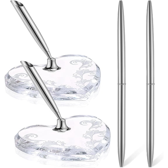 Wedding Pens Set for Guest Book with Acrylic Heart Pen Holder and Silver Signing Pen