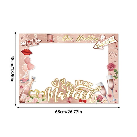 Wedding Photo Booth Frame Kit, 1Pc Just Married Party Frame With 25Pcs Cards 25Pcs Sticks 25Pcs Glue Dots, For Wedding Bridal Shower Engagement Party Decorations, Size