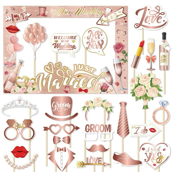 Wedding Photo Booth Props With Frame, 25Pcs Rose Gold Wedding Signs, 25Pcs Wooden Sticks, 25Pcs Adhesive Dots For Wedding, Bridal Shower, Engagement Party