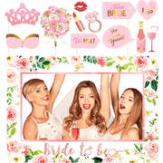 Wedding Photo Decoration Set, Party Photo Props Frame, Pink Floral Handheld Prop Combination