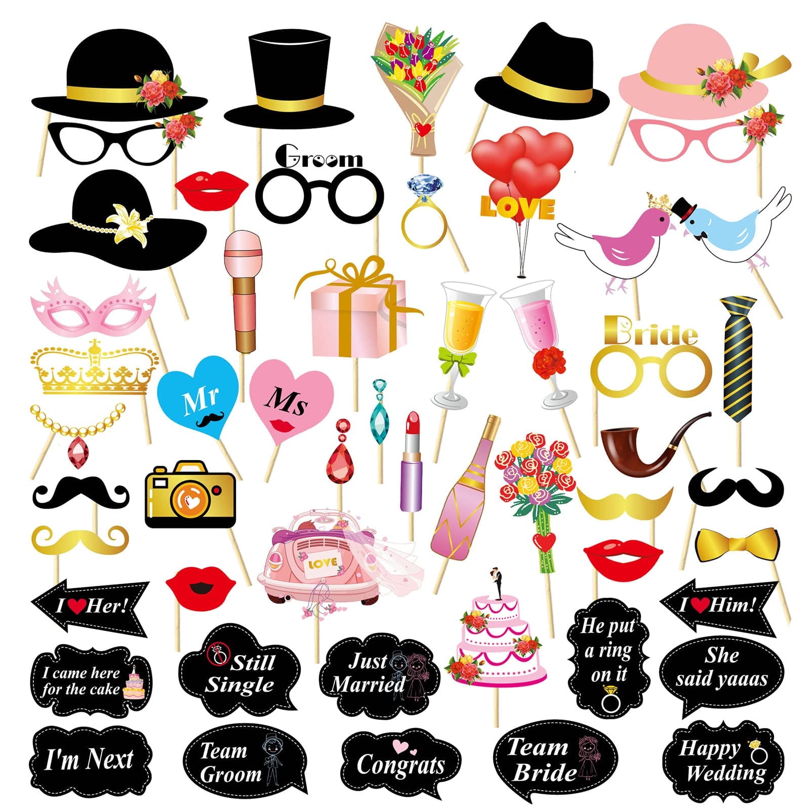 Wedding Photobooth Props Kit, SPOKKI 52 Pcs Engagement Wedding Photo Props Accessories, Wedding Selfie Props for Bridal Shower Wedding Party