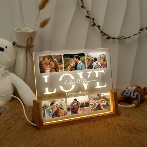 Wedding Picture Frame Custom Night Light Acrylic Board Wooden Base Anniversary Couple Gift Home Bedside Lamp