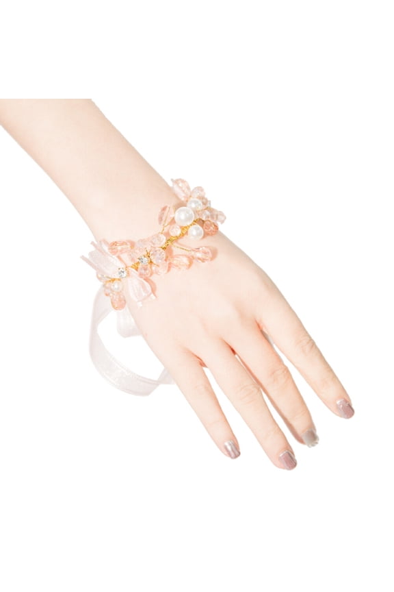 Wedding Pink Crystal Hand Flower Bridal Bowknot Wrist Flower Decorative Beaded Bracelet Bridesmaid Wristband with Yarn Ribbon