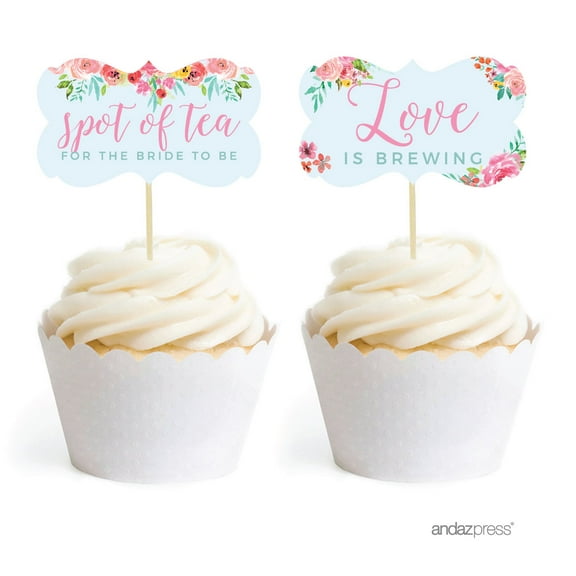 Wedding Pink Roses English Tea Party, 20-Pack Cupcake Topper DIY Party Favors Kit, Fancy Frame