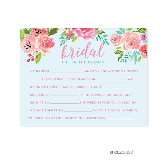 Wedding Pink Roses English Tea Party, 20-Pack Fill in the Blanks Advice for the Bride-to-Be Games