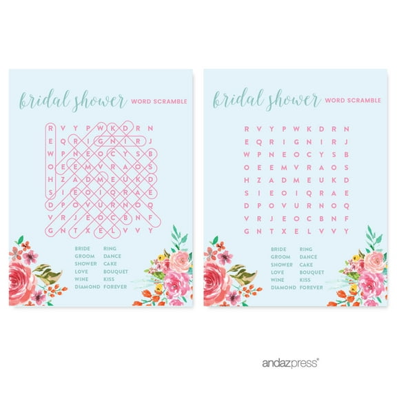 Koyal Wholesale Wedding Pink Roses English Tea Party Word Search Bridal Shower Game Cards  20-Pack