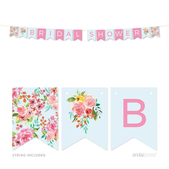 Wedding Pink Roses English Tea Party, 5 FT Hanging Pennant Party Banner with String, Bridal Shower