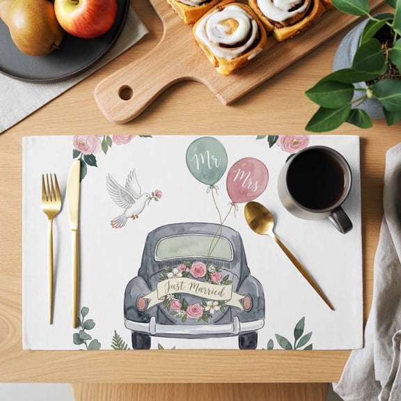 Wedding Placemats Set of 1, Honeymoon Travel Vintage Car Balloons Dove Flowers Non-Slip Place Mats Washable Table Mats for Kitchen Dining Table Decorations Indoor/Outdoor