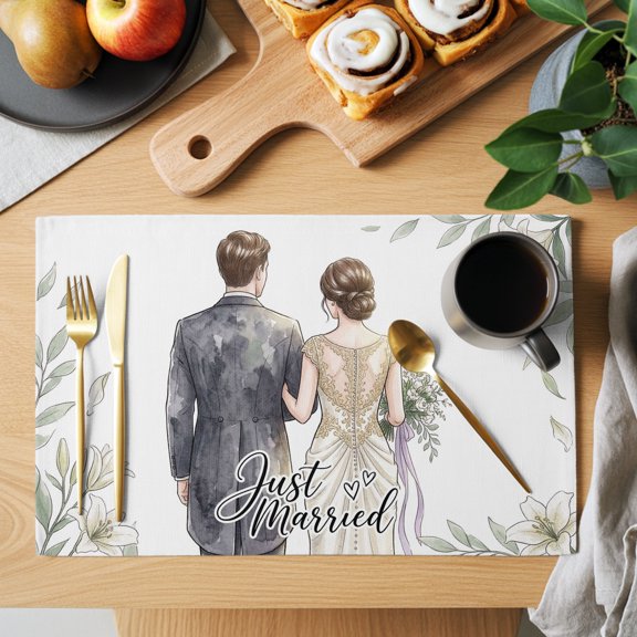 Wedding Placemats Set of 2, Just Married Couple Walking Love Anniversary Heat Insulated Linen Place Mats, Washable Stain-Proof Table Mats for Dining Tables Holiday Decor 13x19 Inches