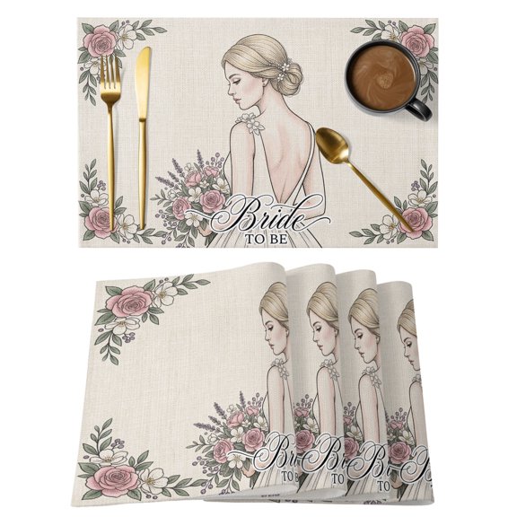 Wedding Placemats Set of 2 Romantic Bridal Portraits Rose Flowers Branches Place Mats Indoor Wipeable Table Mats Washable Cloth Dining Table Placemats for Kitchen Holiday Party Home Decor 13x19 Inch