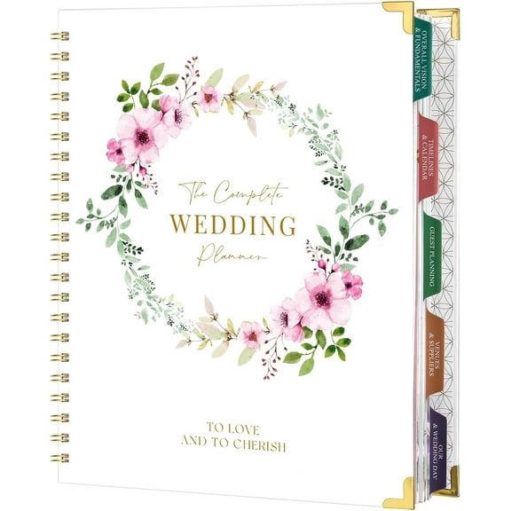 Wedding Planner for Bride - Wedding Planning Book and Organizer, 8.5" x 11" with Tabbed Sections,  Corner, 5 Inner Pockets, Sticker, Wedding Countdown Calendar