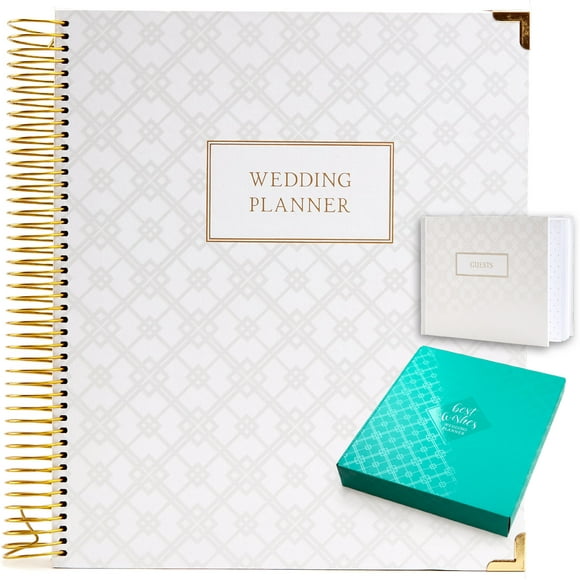 Wedding Planner Gift Set for the Bride to Be: 9x11 Hardcover Wedding Planner and Organizer, Gift Box, Guest Book, Bookmark, Planning Stickers, Business Card Holder, and Pocket Folders