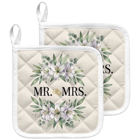 Wedding Pot Holders for Kitchen Heatproof Potholder, 2 Pack Beige Mr Mrs Flowers Rings Eucalyptus Leaves Hot Pads Multipurpose Oven Pads Terry Cloth Potholders Trivet for Cooking and Baking