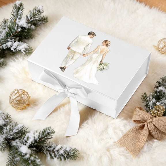 Wedding Printed Paper Gift Box with Magnetic Closure and Decorative Ribbon, 11.4×8.6×4.1 in & 8.6×6.3×3.3 in, Black White Pink Gold Navy Blue Elegant Bridal Wedding Favor Box