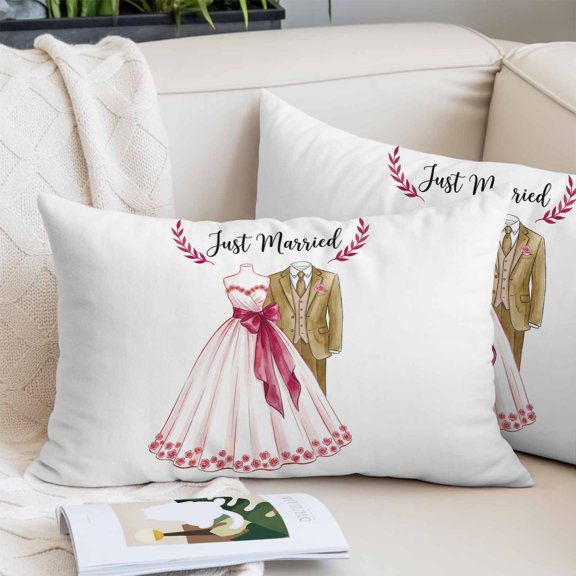 Wedding Queen Size Pillow Cover, Pillowcase Protectors with Zipper, Breathable Decorative Throw Pillow Case Cover, Romantic Bridal Dress Groom Suit Leaves Pillow Shams for Couch Sofa 20x30Inch