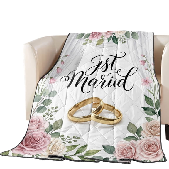 Wedding Quilted Comforters Cooling Blanket Full Size, Just Married Rings Roses Formal Romantic Cold Comfort for Hot Sleepers Lightweight Air Conditioning Quilt Blanket for Bed