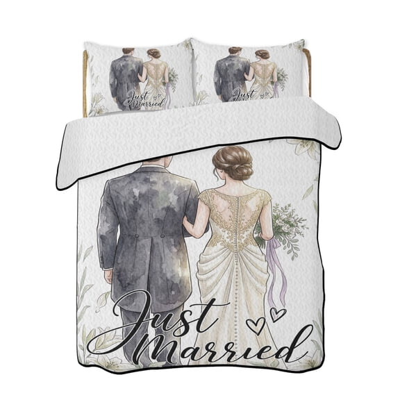 Wedding Quilts Bedding Set California King Just Married Couple Walking Love Anniversary Lightweight Quilted Bedspread 3 Piece Bed Quilt with 2 Pillow Shams All Season for Bedroom 96" x 106"