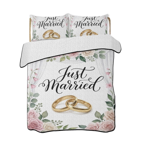 Wedding Quilts Bedding Set California King Just Married Rings Roses Formal Romantic Lightweight Quilted Bedspread 3 Piece Bed Quilt with 2 Pillow Shams All Season for Bedroom 96" x 106"