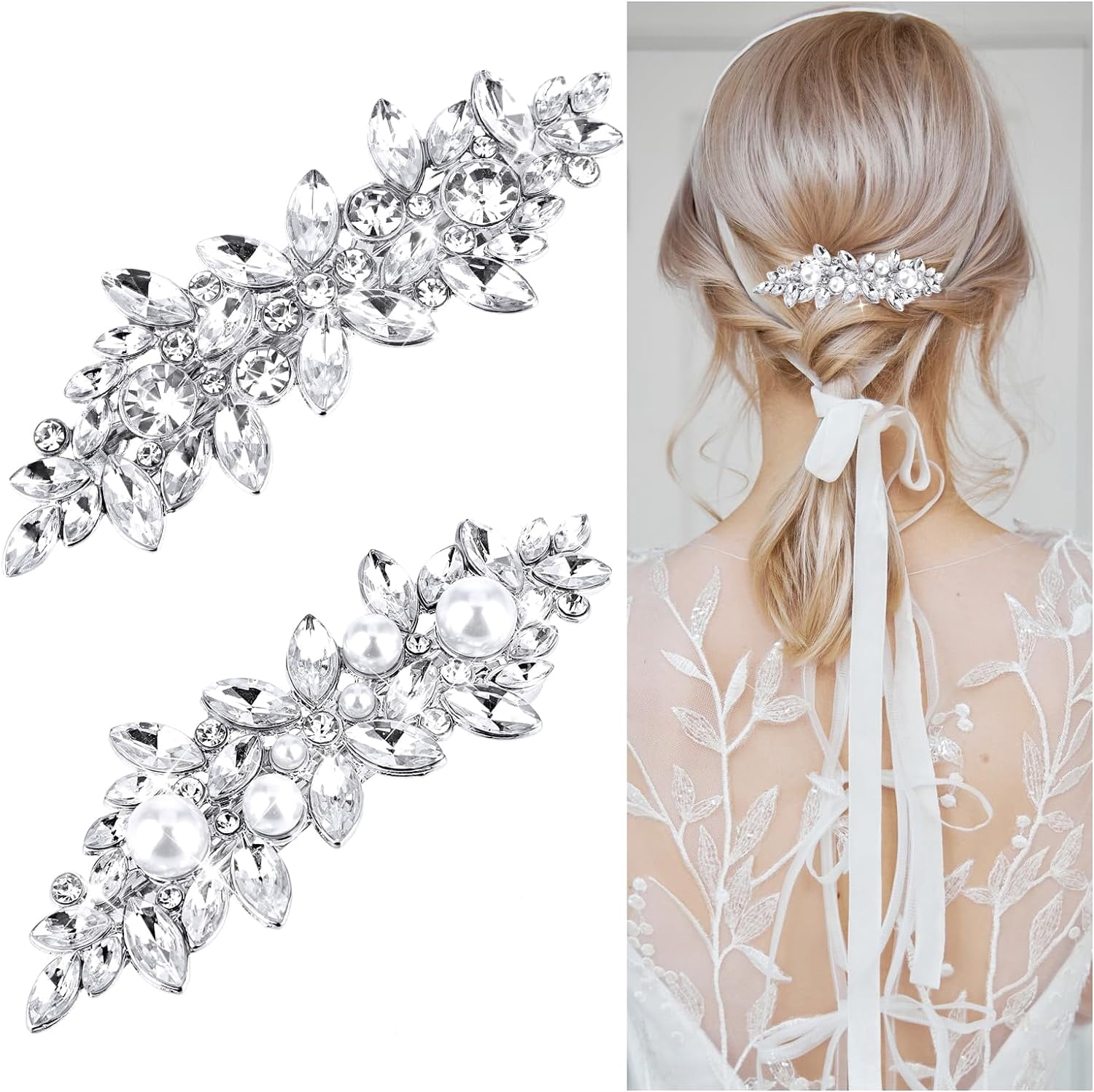 HJYHYN Rhinestone Bridal Hair Clips(2PCS) Leaf Wedding Bride Pearl Crystal Amazon.com : 6 Pieces Shiny Rhinestone Bridal Hair Clip  main image 2