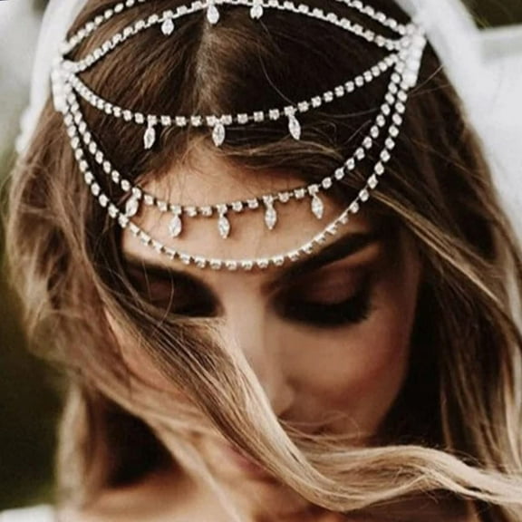 Wedding Rhinestone Head Chain Bridal Forehead Headband Crystal Hair Band Halloween Prom Hair Jewelry for Women and Girls (Silver)