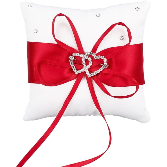 Wedding Ring Bearer Pillow 10x10cm Ring Cushion Ring Holder Marriage Couple Bowknot White Bow Knot With Rhinestone Diamonds Double Hearts For Wedding Propose Bride Engagement Ring Box