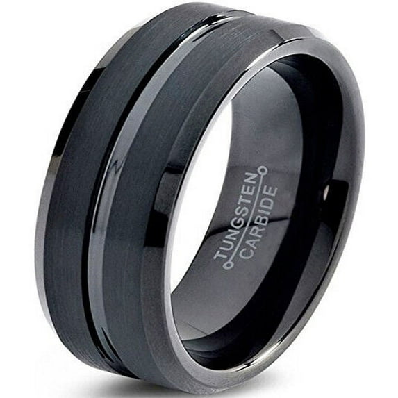Wedding Ring For Men. 8mm Black Tungsten Wedding Band w Center Black Groove