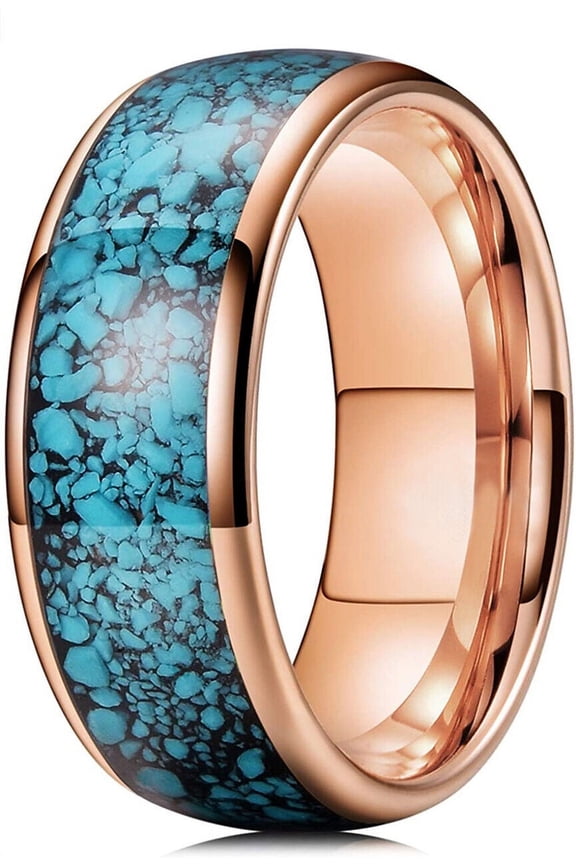 Wedding Ring For Men. 8mm Crushed Turquoise Silver Tungsten Wedding Band