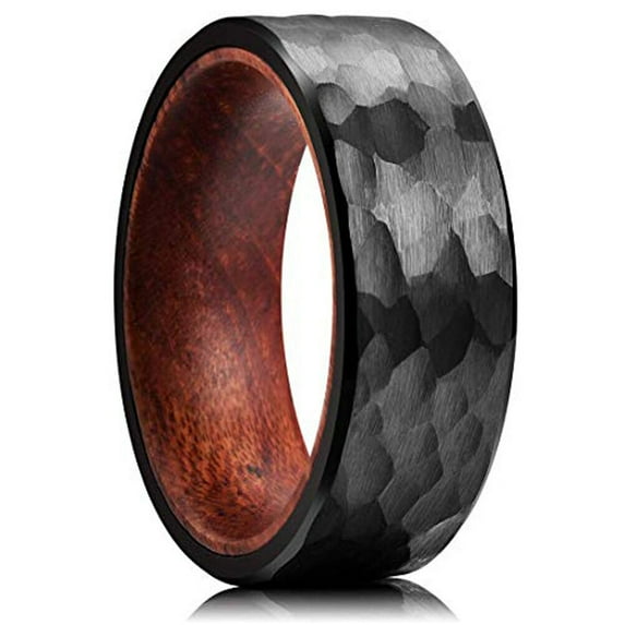 Wedding Ring For Men or Women 8mm Black Hammered Tungsten Wedding Band Wood